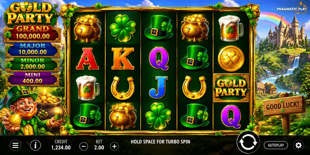 Gold Party casino slot con carretes, jackpots y símbolos irlandeses