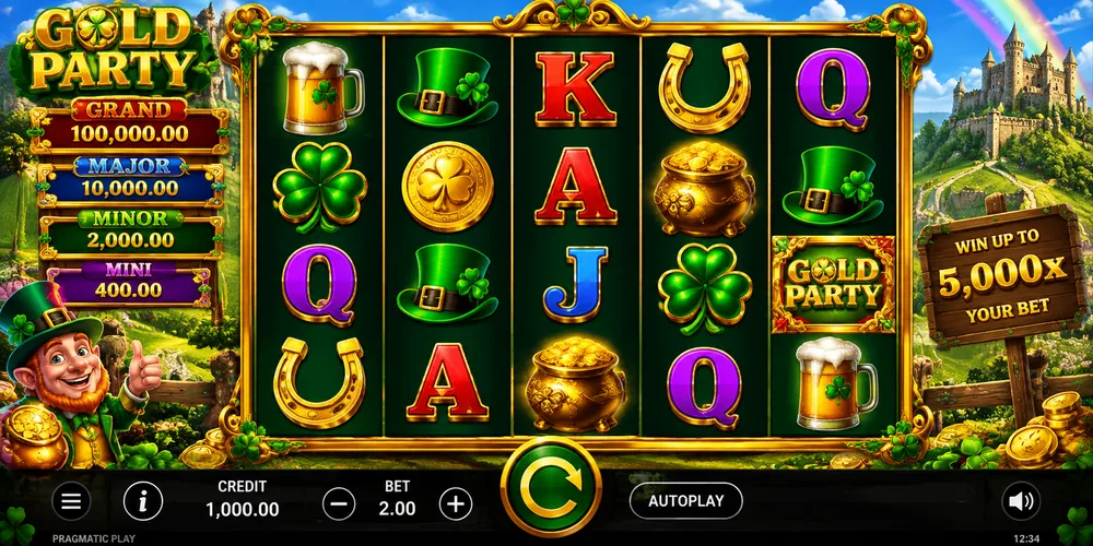 Gold Party slot con carretes, símbolos del juego y premios jackpot